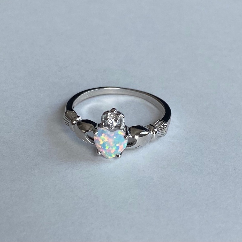 Sterling Silver White Lab Opal Claddagh Ring, Irish Rings, Silver Heart Ring - Picture 6 of 8